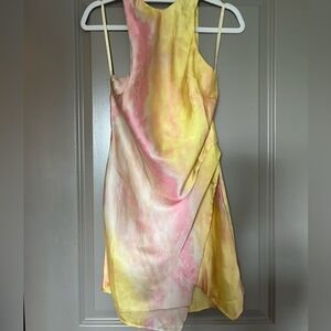 Hello Molly satin halter neck - yellow & pink tie dye - size M